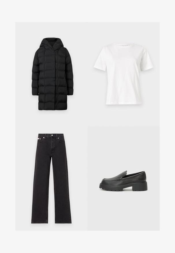 Cappotto imbottito nero con cappuccio, caratterizzato da un design trapuntato, maniche lunghe e una silhouette lunga fino al ginocchio per calore e copertura.; T-shirt bianca in cotone con maniche corte, scollatura rotonda e vestibilità rilassata. Struttura liscia, senza motivi né accenti, design minimalista.; Jeans neri a gamba larga in denim, con vita alta, styling a cinque tasche e chiusura con bottone metallico e cuciture a contrasto.; Mocassini in pelle nera con punta arrotondata, suola spessa e testurizzata, e minime cuciture. Design elegante senza lacci o parti metalliche visibili.