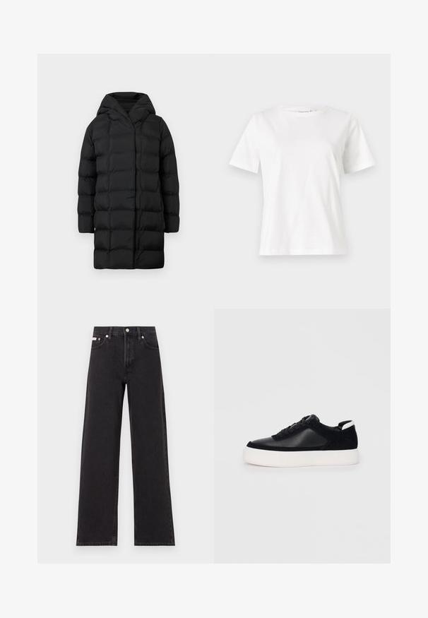 Svart dunjakke med hette, med quiltet design, lange ermer og kne-lengde silhuett for varme og dekning.; Hvit bomull t-skjorte med korte ermer, rund hals og avslappet passform. Glatt tekstur, ingen mønstre eller detaljer, minimalistisk design.; Svart bredbente jeans laget av denim, med høy livvidde, fem lommer, og metallknapp med kontrasterende søm.; Svart sneakers med glatt skinn og semsket skinnpaneler, flate snørebånd, rund tå og hvit gummisåle. Distinkt logo på hælen.