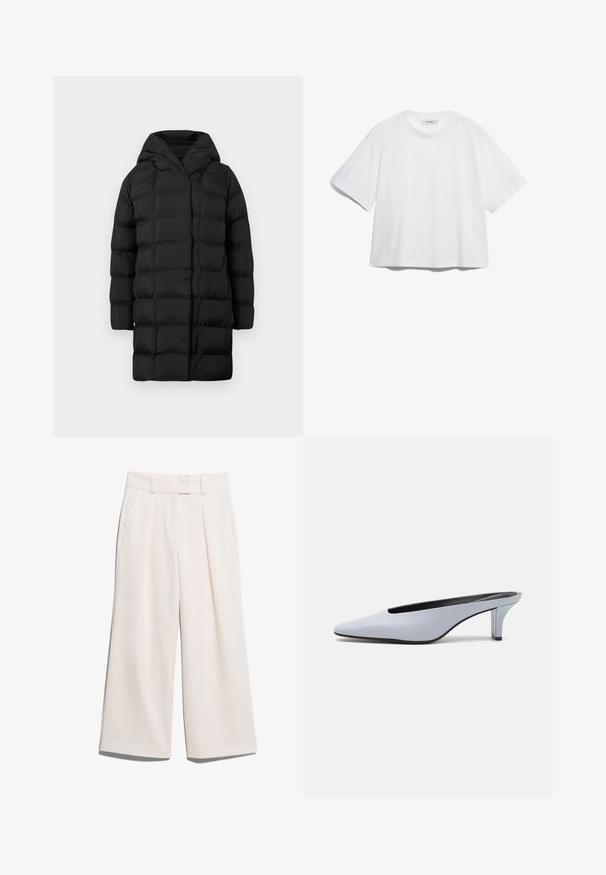 Svart dunjakke med hette, med quiltet design, lange ermer og kne-lengde silhuett for varme og dekning.; Hvit bomull t-skjorte med korte ermer, rund hals, avslappet passform og uten synlige mønstre eller grafikk. Glatt tekstur og enkelt design.; Videbukser i en lys kremfarge, laget av glatt stoff med to frontlommer og synlig søm på livserien.; Lys blå patentlær mule med spiss tå, lav gjennomsiktig hæl og en elegant design med utskjæring på vampen.
