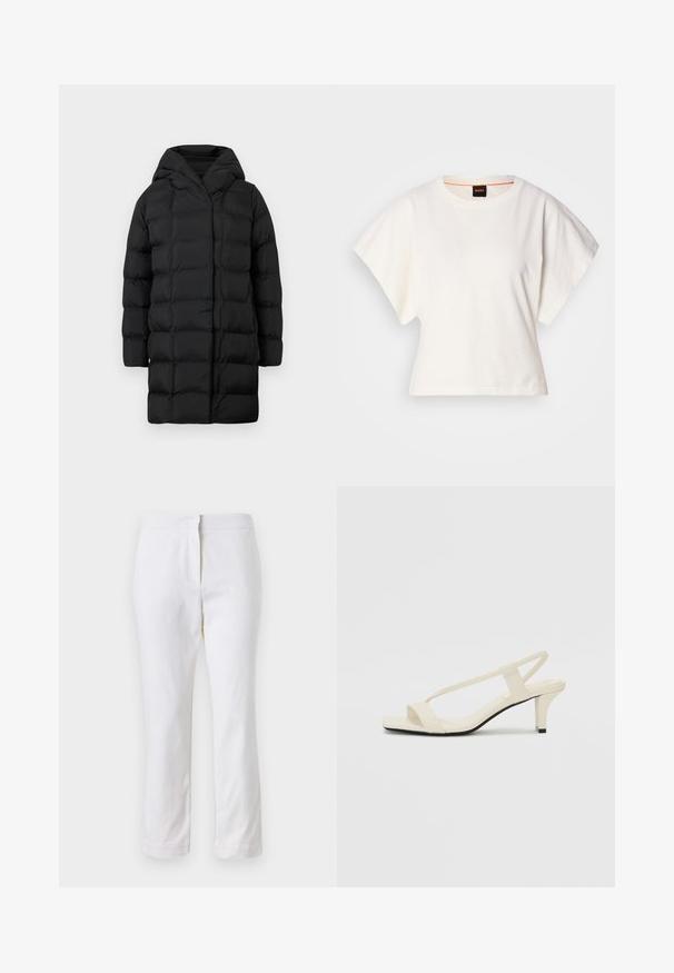 Černá péřová bunda s kapucí, s prošívaným designem, dlouhými rukávy a délkou po kolena pro teplo a ochranu.; Bílý zkrácený T-shirt, krátké široké rukávy, měkký bavlněný materiál, kulatý výstřih s jemným oranžovým lemováním, minimalistický design, bez vzorů nebo grafik.; Bílé bavlněné kalhoty s rovnou nohavicou, s středně vysokým pasem a bez viditelných kovových prvků nebo vzorů. Hladká textura po celém povrchu.; Krémové sandály na bloku s tenkými popruhy a čtveratou špičkou. Hladký materiál s minimálními detaily, navržené pro snadné nošení.