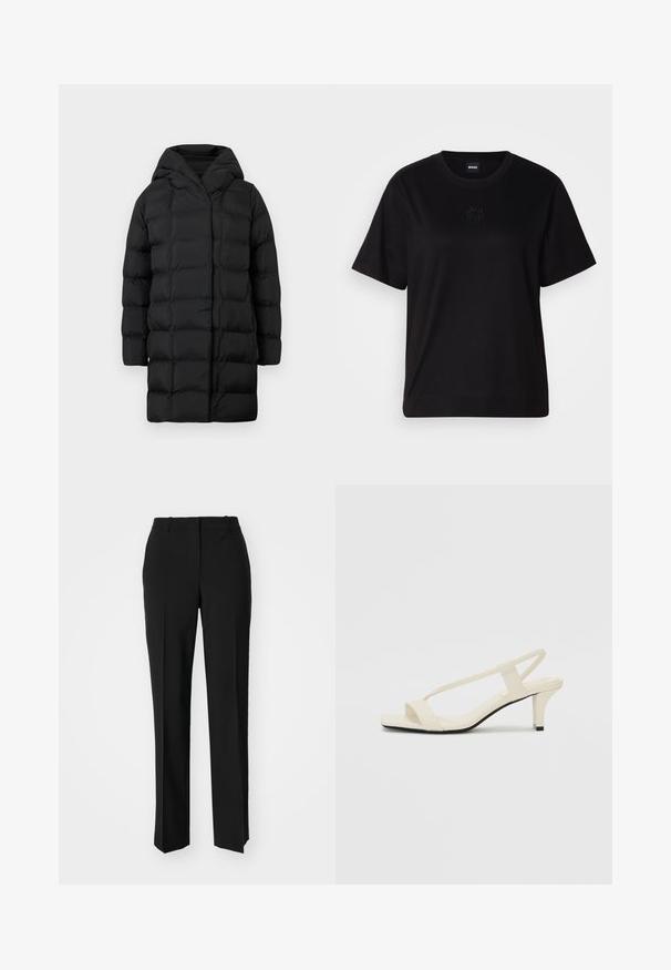 Cappotto imbottito nero con cappuccio, caratterizzato da un design trapuntato, maniche lunghe e una silhouette lunga fino al ginocchio per calore e copertura.; Maglietta in cotone nera con scollatura tonda, maniche corte e logo ricamato sul petto. Design semplice e vestibilità rilassata senza motivi.; Pantaloni neri su misura con un design a gamba dritta, caratterizzati da una texture liscia e pieghe ben definite sul davanti. Senza hardware visibile.; Sandali con tacco a blocco beige, con sottili cinturini e punta quadrata. Materiale liscio con dettagli minimi, progettati per un facile utilizzo.