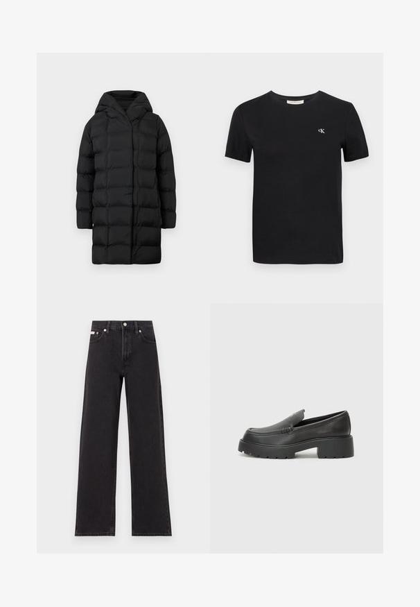 Schwarze Puffjacke mit Kapuze, mit einem gesteppten Design, langen Ärmeln und einer knielangen Silhouette für Wärme und Bedeckung.; Schwarzes Baumwoll-T-Shirt mit klassischem Rundhalsausschnitt, kurzen Ärmeln und einem kleinen weißen gestickten "ck"-Logo auf der Brust.; Schwarze weit geschnittene Jeans aus Denim mit einem hoch sitzenden Bund, fünf Taschen und einem Metallknopfverschluss mit kontrastierendem Nähte.; Schwarze Lederloafer mit einer abgerundeten Spitze, dicker strukturierten Laufsohle und minimalen Nähten. Schlankes Design ohne sichtbare Schnürsenkel oder Beschläge.