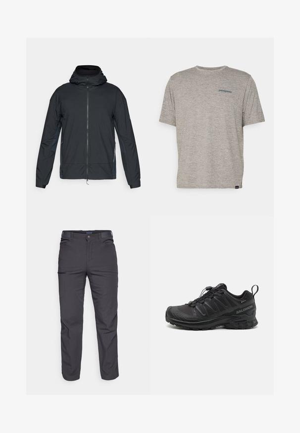 Jachetă neagră cu fermoar și glugă, cu o textură netedă, manșete elastice și panouri laterale contrastante într-o nuanță mai închisă.; Tricou gri cu mânecă scurtă, fabricat dintr-un material moale și texturat, având un mic logo al brandului Patagonia în culoare albastră pe pieptul stâng. Fără modele suplimentare.; Pantaloni negri închis dintr-un material rezistent, cu un buzunar cu fermoar, croială dreaptă și bucle pentru curea pentru ajustarea potrivirii.; Spurtă sportivă neagră cu parte superioară sintetică texturată, talpă cu amortizare și sistem de șireturi rapide. Include un vârf și un călcâi întărit.