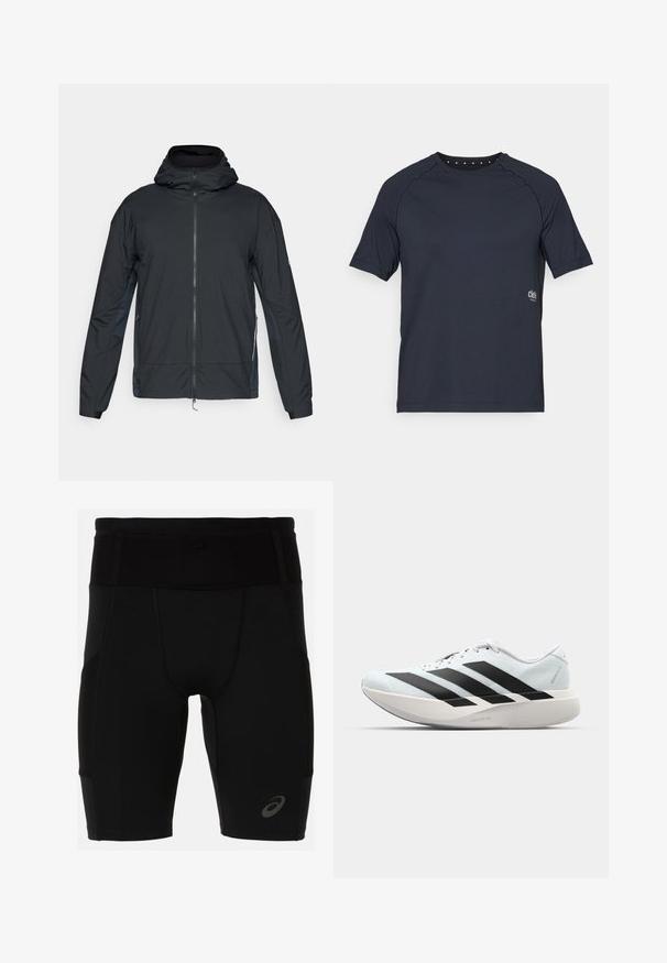 Svart zip-up jacka med huva, med en mjuk textur, elastiska ärmslut och kontrasterande sidopaneler i en mörkare nyans.; Mörkblå kortärmad t-shirt i lättviktig tyg, med rundad halsringning och små ögla detaljer bak samt logotyp på framsidan.; Svarta idrottsshorts med en figurnära design, tillverkade av ett mjukt material. Har en hög midja och en liten logotyp på nedre vänstra benet.; Lätta löparskor i ljusblått med svarta ränder. Har en slät ovandel, rund tå och tjock vit mellansula märkt "LIGHTSTRIKE PRO."