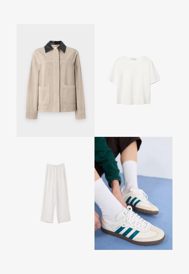 Béžová bunda s černým koženým límcem, s rovnými liniemi, dvěma předními kapsami a hladkou texturou. Jednoduchý design, bez vzorů.; Bílý krátký rukáv tričko vyrobené z bavlny. Má kulatý výstřih a volný střih. Hladký materiál bez viditelných vzorů nebo akcentů.; Bílé široké kalhoty vyrobené z lehké tkaniny. Mají elastický pas se šňůrkou a boční kapsy. Hladká textura.; Bílé sportovní boty s tyrkysovými pruhy, texturovaným svrškem a hnědými gumovými podrážkami. V kombinaci s bílými žebrovanými ponožkami.