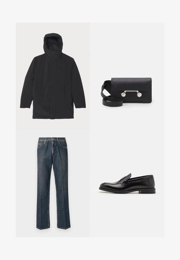 ASPESI LIAM - Parka - black; Maglione lavorato a maglia color crema con colletto polo, polsini e orlo a coste, dotato di patta frontale e texture morbida.; T-shirt blu navy a maniche corte con scritta bianca "neanche per sogno" centrata sul petto, colletto girocollo, taglia media.; Jeans in denim blu scuro a gamba dritta con bottone frontale, zip, doppie tasche anteriori e pieghe verticali visibili lungo le gambe.; Mocassini neri in pelle con una texture liscia, punta arrotondata e una striscia decorativa sulla tomaia. Tacco basso impilato, design minimalista.; Borsa a tracolla in pelle nera con chiusura a patta, hardware in tonalità argento e due accenti tondi. Dotata di una tracolla removibile. Texture liscia.