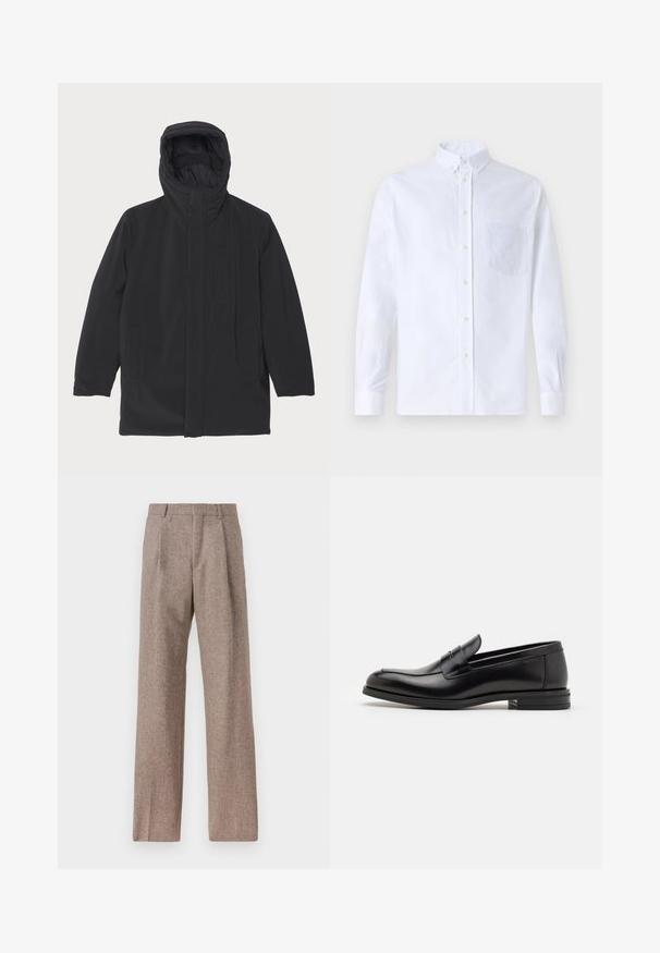 ASPESI LIAM - Parka - black; Bílá dlouhá košile s knoflíky vyrobená z bavlny, která má náprsní kapsu s tónovanou výšivkou, límec a knoflíkové manžety.; Hnědé kalhoty s vysokým pasem vyrobené z texturované látky. Mají široké nohavice a dva přední sklady pro strukturu. Úhledné provedení bez viditelné kovových částí.; Černé kožené polobotky s hladkou texturou, zaoblenou špičkou a zdobným páskem přes nárt. Nízký stohovaný podpatek, minimalistický design.