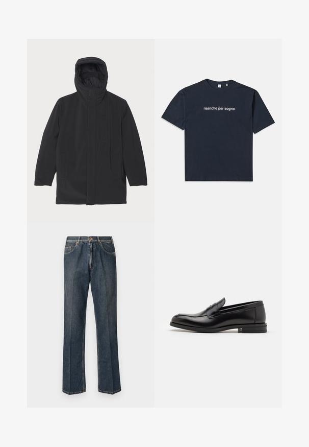 ASPESI LIAM - Parka - black; Navy blue short-sleeve T-shirt with white text "neanche per sogno" centered on the chest, crew neck, medium size.; Dark blue straight-leg denim jeans with front button, zip fly, double front pockets, and visible vertical creases down the legs.; Black leather loafers with a smooth texture, rounded toe, and a decorative strap across the vamp. Low stacked heel, minimalist design.