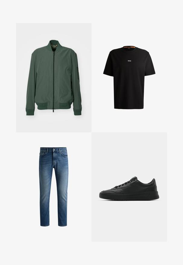 Bunda bomber v tmavě zelené barvě, s předním zipem, žebrovanými manžetami a dolním lemováním, a hladkým, jemným materiálem, s nášivkou na rukávu.; Černé bavlněné tričko s kulatým výstřihem, krátkými rukávy a bílým logem "BOSS" umístěným na hrudi. Hladká textura, volný střih.; Tmavě modré džíny s rovnými nohavicemi, designem s pěti kapsami, s mírným vyšisováním na stehnech a jedním knoflíkem na zapnutí v pase.; Černé tenisky s hladkým koženým svrškem, kulatou špičkou, plochými tkaničkami, polstrovaným límcem a minimalistickým designem. Gumová podrážka s jemným vzorkem.