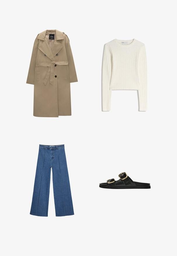 Vaale beige kaksirivinen trench-takki vyöllä, leveillä läpillä, olkapäälapuilla, sivutaskuilla ja napitus. ; Valkoinen palmikkoneulepusero, jossa on pitkät hihat, pyöreä kaula-aukko ja ribbineulos. Lyhyt malli tuo modernin vivahteen.; Korkeat vyötäröiset, keskisiniset, leveiden lahkeiden denim-farkut, joissa on nappikiinnitys ja kontrastiväriset pystysaumadetaileja edessä.; Musta liukusandaali, jossa on kaksi kultaisesta solkesta tehtyä korostusta, sileäpintainen materiaali, litteä pohja ja minimalistinen muotoilu.