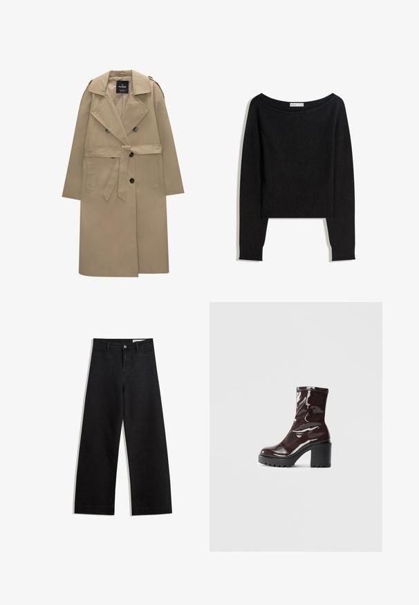 Béžový dvojradový trenčkot s opaskom, širokými klopami, plecnými epauletmi, bočnými vreckami a gombíkovými zapínaniami.; Čierny pletený sveter s výstrihom zhasnutý z ramien, dlhými rukávmi a rebrovanými manžetami a lemom. Vyrobený z mäkkého, štruktúrovaného materiálu.; Čierne denimové nohavice s širokými nohavicami a vysokým pásom, so prednými a zadnými vreckami, šitými švami a zapínaním na gombík. Hladká textúra.; Lesklé burgundské kotníkové boty s robustním černým podpatkem, s hladkou strukturou a jednoduchým designem. Bez viditelných zapínání nebo vzorů.