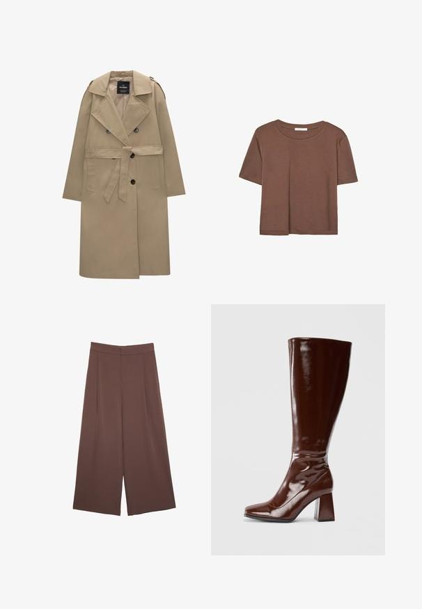 Béžový dvojradový trenčkot s opaskom, širokými klopami, plecnými epauletmi, bočnými vreckami a gombíkovými zapínaniami.; Hnedé tričko s krátkym rukávom vyrobené z jemného materiálu, s okrúhlym výstrihom a voľným strihom. Žiadne viditeľné vzory ani akcenty.; Hnedé nohavice so širokými nohavicami a hladkou textúrou, s vysokým pásom a prednými skladmi. Tkanina je ľahká a voľne sa pohybuje.; Hnedé lodičky z patentovanej kože po kolená so štvorcovou špičkou, lesklým povrchom a robustným podpätkom pre stabilitu. Bezšvový dizajn bez viditeľných prvkov.