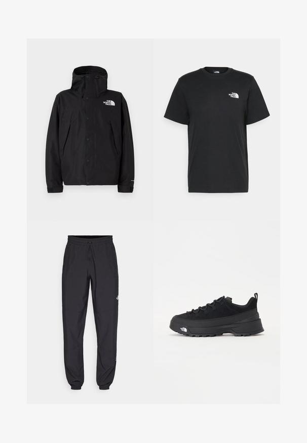 Svart vanntett jakke med hette, med glidelås foran og trykknapper. Inkluderer logo på brystet og justerbare mansjetter.; Svart bomull t-skjorte med korte ermer, rund hals og en liten hvit logo på venstre bryst. Enkel design, glatt tekstur og avslappet passform.; Sorte idrettsbukser laget av lett stoff, med snor i livet, sidelommer og smale mansjetter ved anklene.; Svart utendørs sneakers med overdel i semsket skinn, teksturert gummisåle og solid snøresystem. Har forsterket hæl og merkevarelogo på siden.