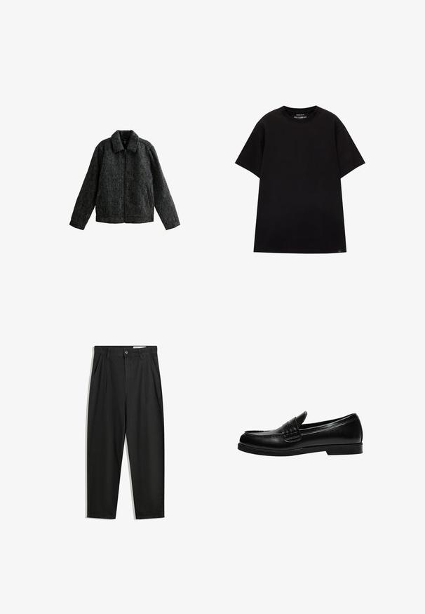 Grijze zip-up jas met een kraag. Gemaakt van textuurstof met een zachte afwerking. Beschikt over twee zijzakken en lange mouwen.; PULL&BEAR JOIN LIFE - T-shirt basic - black; Zwarte katoenen broeken met een losse pasvorm, voorzien van een klassieke tailleband, voorplooien en zijzakken. Gladde structuur zonder patronen.; Zwarte leren loafers met een gladde afwerking, voorzien van stiksel op de voorkant en een lage, stevige zwarte rubberen zool.