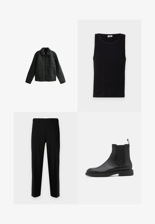 Szara kurtka zapinana na zamek z kołnierzykiem. Wykonana z fakturowanej tkaniny o miękkim wykończeniu. Posiada dwie boczne kieszenie i długie rękawy.; Czarny bezrękawnik wykonany z miękkiej bawełny. Posiada okrągły dekolt i prosty krój, z minimalnymi detalami szwów.; Czarne spodnie wykonane z gładkiego materiału, o prostym kroju, z dwoma przednimi kieszeniami oraz zapięciem na zamek błyskawiczny i guzik.; Czarny skórzany botek za kostkę o gładkiej fakturze, z elastycznymi bocznymi panelami i pętelką do zakupu. Okrągły nosek i płaska gumowa podeszwa z minimalnym bieżnikiem.