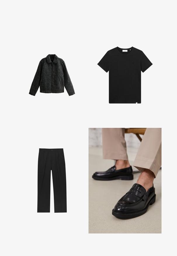 Grau zip-up Jacke mit kragenförmigem Hals. Hergestellt aus strukturiertem Stoff mit weichem Finish. Verfügt über zwei seitliche Taschen und lange Ärmel.; Schwarzes T-Shirt mit kurzen Ärmeln aus Baumwolle, mit Rundhalsausschnitt und einem kleinen, auf der Brust gestickten Logo. Glatte Textur, normale Passform.; Schwarze Hose mit geradem Schnitt, aus einem glatten Stoff gefertigt. Verfügt über Vorderfalten und einen einzelnen Knopfverschluss an der Taille.; Schwarze Lederloafers mit glatter Oberfläche, ausgestattet mit einem dekorativen Riemen und Kontrastnähten, kombiniert mit beigen Hosen.