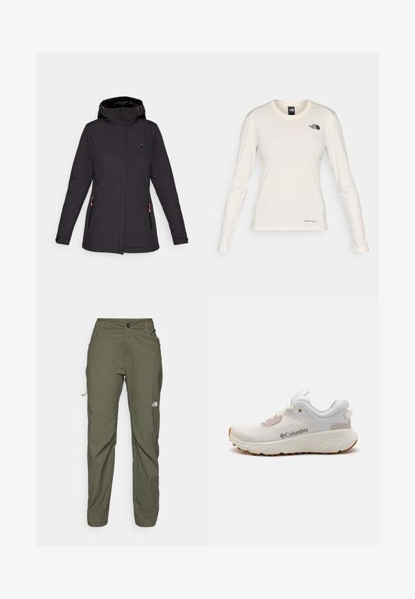 Icepeak BANNISTER - Giacca softshell - black; The North Face SHADOW LONG SLEEVE - Maglietta a manica lunga - white dune; The North Face EXPLORATION PANTS - Pantaloni outdoor - new taupe green; Scarpa atletica leggera Columbia in rete bianca con suola grigia testurizzata e trazione in gomma. Presenta un colletto imbottito e un design con lacci.