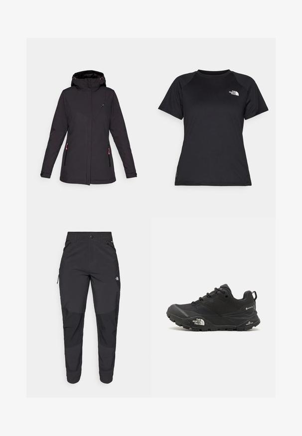 Icepeak BANNISTER - Softshelljas - black; Zwarte sportieve t-shirt met korte mouwen en ronde hals, met het logo van The North Face op de bovenste linkerkant van de borst.; Zwarte outdoorbroek gemaakt van duurzaam materiaal. Voorzien van ritszakken, versterkte knieën en een rechte snit voor optimale bewegingsvrijheid.; Zwarte wandelschoen met een gestructureerde bovenkant, vetersluiting en een stevige rubberen zool met een opvallend logo aan de zijkant en profielpatronen.