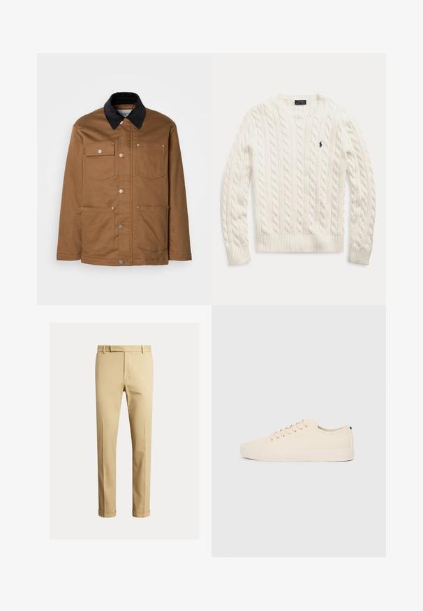 Rjava delovna jakna z ovratnikom iz črnega žameta, spredaj z kovinskimi gumbi in štirimi sprednjimi žepi, postavljena na belo ozadje.; Bela pletena dolg rokav pulover s rebrastimi manšetami in robom, z majhnim mornarsko modrim izvezenim logotipom Polo Ralph Lauren na prsih.; Kahe barvni chinos narejeni iz gladkega bombažnega blaga, ki ponujajo prilegan dizajn, sprednje pregibe in manšete pri gležnju za ozko silhueto.; Bež platneni športni copati z okroglo konico, ravnim gumijastim podplatom in vezalkami spredaj. Imajo minimalističen dizajn in kontrastni črn akcent na peti.