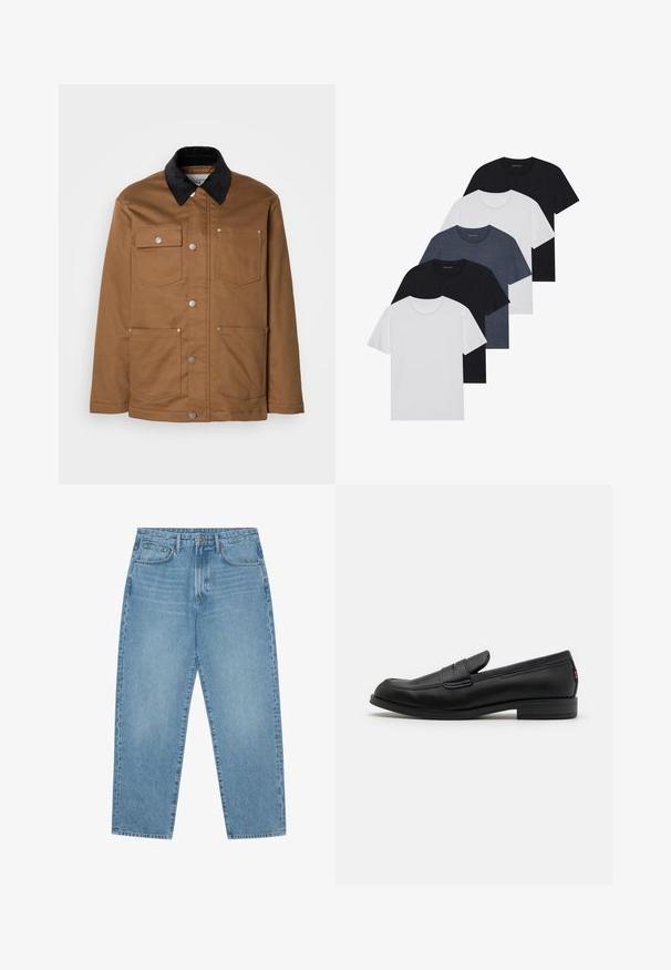 Jaqueta de trabalho castanha com colarinho de cortiça preto, fecho de botão de metal à frente e quatro bolsos frontais, colocada sobre um fundo branco.; Conjunto de cinco t-shirts em preto, branco e azul marinho. Tecido de algodão, mangas curtas, design de gola redonda e textura lisa sem padrões.; Jeans de ganga de perna larga em azul-claro com cintura alta, apresentando cinco bolsos, passadores para cinto e uma textura suave, ligeiramente desbotada.; Mocassim de couro preto com um acabamento suave, bico arredondado e uma pequena aba decorativa. Apresenta um salto baixo em camadas e um detalhe de branding discreto.