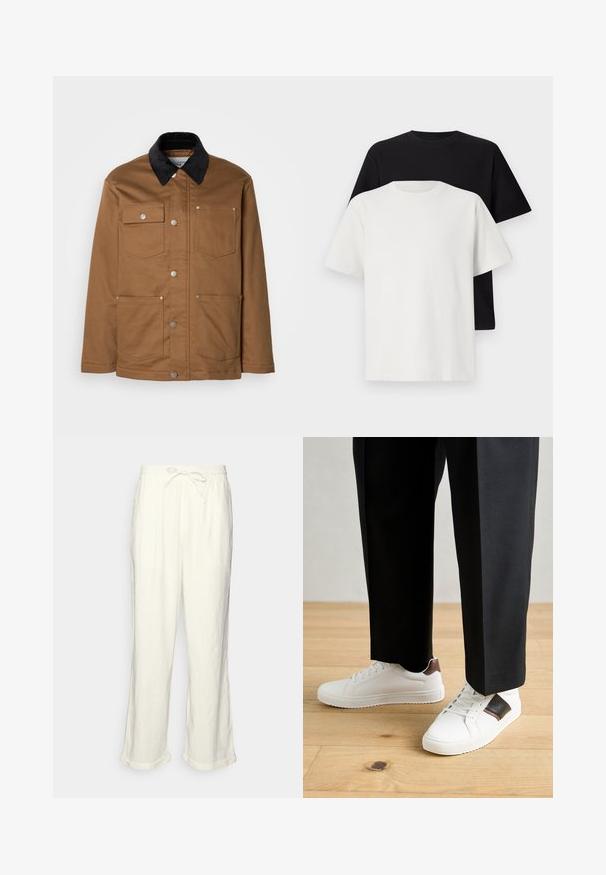 Brūns darba jakas ar melnu korduroja apkakli, metāla pogu priekšpusi un četrām priekšējām kabatām, uz balta fona.; Kokvilnas T-kreklu komplekts, kas sastāv no melna un baltā T-krekla, abi ar īsām piedurknēm, apaļu kakla izgriezumu un standarta piegriezumu. Faktūras audums.; Lina bikses off-white krāsā ar saistāmu jostasvietu, nedaudz platām kājām un sarullētām apakšmalām, lai nodrošinātu brīvu piegriezumu. Bez kabatām.; Baltā pārsoļa apavi ar gludu tekstūru, papildināti ar brūniem ādas akcentiem un melniem elementiem, savienoti ar melnām pielāgotām biksēm. Koka grīdas fons.