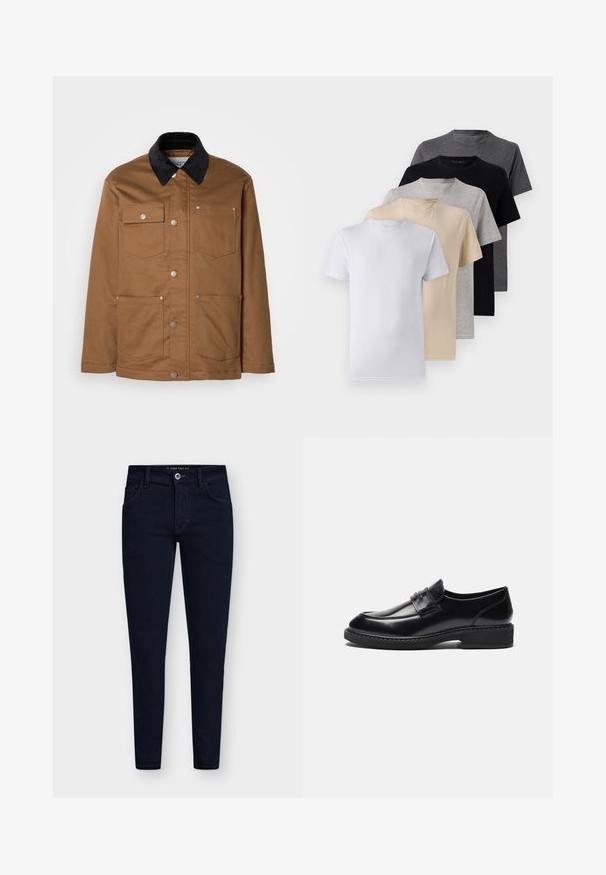 Giacca da lavoro marrone con colletto in corduroy nero, chiusura frontale con bottoni metallici e quattro tasche frontali, posizionata su uno sfondo bianco.; Set di cinque t-shirt a manica corta in bianco, beige, grigio chiaro, grigio scuro e nero. Realizzate in cotone morbido, con design a girocollo.; Jeans slim-fit di un azzurro scuro, con cinque tasche, chiusura a bottone e un robusto tessuto di denim. Presentano un design classico e cuciture minime.; Zign LEATHER - Mocassini eleganti - black