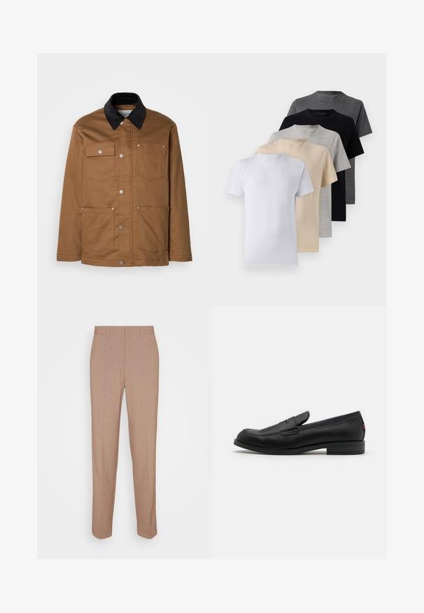 Rjava delovna jakna z ovratnikom iz črnega žameta, spredaj z kovinskimi gumbi in štirimi sprednjimi žepi, postavljena na belo ozadje.; Komplet petih kratkih majic s kratkimi rokavi v beli, bež, svetlo sivi, temno sivi in črni barvi. Narejene so iz gladkega bombaža in imajo krojen ovratnik.; Bež hlače po meri iz gladkega, teksturiranega tkanja. Ravnega kroja z elastičnim pasom brez vidnih okraskov ali žepov.; Črne usnjene mokasine z gladko površino, zaobljenim nosom in majhnim okrasnim preklopom. Imajo nizek zložen peto in subtilen detajl blagovne znamke.