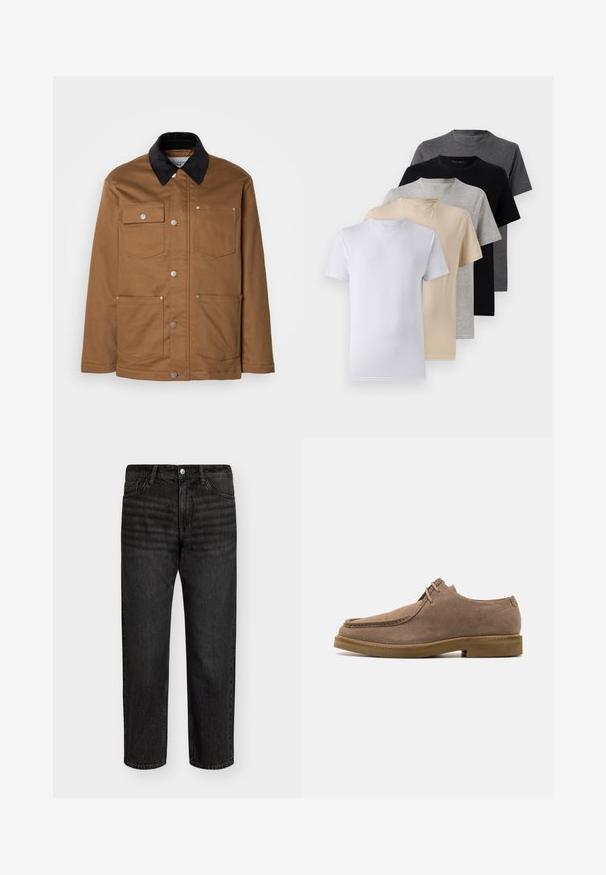 Jaqueta de trabalho castanha com colarinho de cortiça preto, fecho de botão de metal à frente e quatro bolsos frontais, colocada sobre um fundo branco.; Conjunto de cinco t-shirts de manga curta nas cores branco, bege, cinza claro, cinza escuro e preto. Feitas de algodão suave, com design de gola redonda.; Jeans de denim preto com corte reto, apresentando uma cintura de altura média, cinco bolsos e fecho em botão de metal. Textura suave com desbotamento sutil.; Zign LEATHER - Sapatos casuais com atacadores - taupe