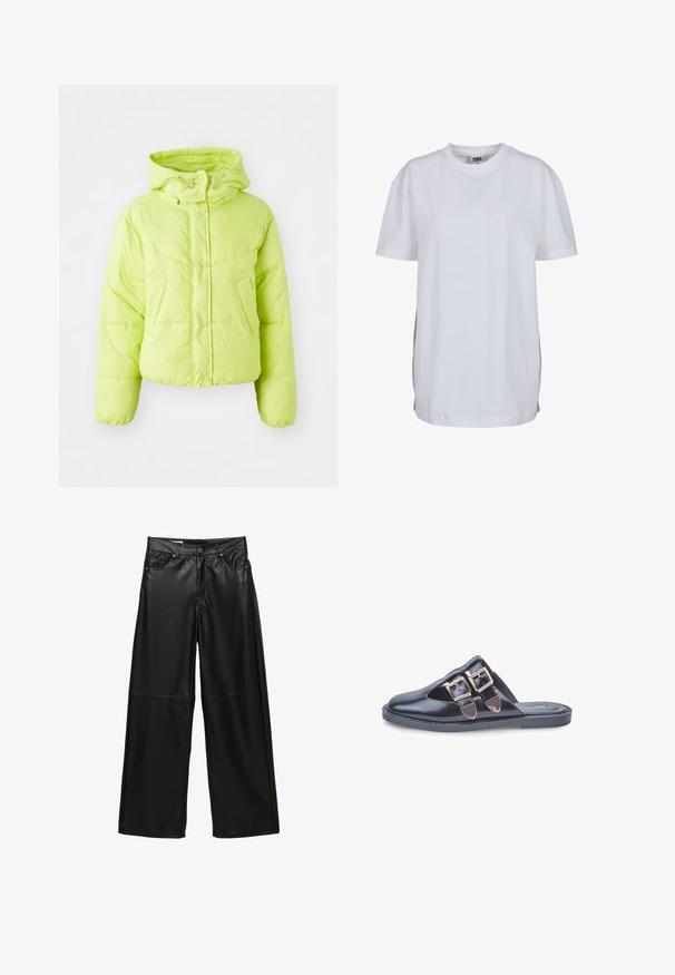 Limevihreä puhvitakki, jossa on korkea kaulus, napitus ja tikattu kuviot. Pehmeä, kevyt materiaali; lyhyt malli ja joustavat hihansuut.; Valkoinen lyhythihainen t-paita, joka on valmistettu puuvillasta. Paita on pyöreällä kauluksella ja rentoa mallia, ilman näkyviä kuvioita tai graafisia elementtejä.; Musta tekonahka leveälahkeinen housut etutaskuilla, vyölenkeillä, napin sulkimella ja sauman yksityiskohdalla polvien alapuolella.; Mustat nahkaiset liukupohjaiset mallit, joissa on terävä kärki ja kaksi kultabukkelia päällä, litteä kumipohja, kuvattuna valkoista taustaa vasten.