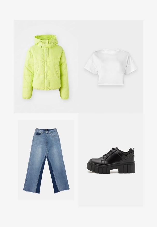 Limonasto zelena napihnjena jakna z visokim ovratnikom, zapiranjem na pritisne gumbe in quilted vzorcem. Mehka, lahka tkanina; krajšega kroja in elastičnimi manšetami.; Bela skrajšana majica iz bombaža. Kratke roke, okrogla ovratnika, gladka tekstura, sproščen dizajn brez vzorcev ali okrasnih elementov.; Svetlo modre široke kavbojke z kontrastnimi temno modrimi paneli, strganimi robovi in standardnim pasom z kovinskim gumbom.; Črne usnjene platforme z debelim blokastim petam, okroglo konico in klasičnim vezanjem. Imajo gladko teksturo in minimalne podrobnosti.
