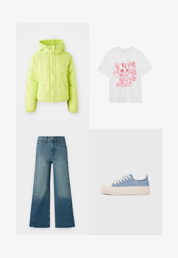 Limegrön puffjacka med hög krage, tryckknappsstängning och kviltat mönster. Mjuk, lätt material; kort modell och elastiska ärmslut.; Vit bomullströja med en rosa illustration av en katt och stjärnor, med texten "Cute Cats Club" nedanför designen.; Breda jeans i en medelblå tvätt med en gradienteffekt från mörkare till ljusare. Tillverkade av denim med en traditionell femfickdesign.; Ljusblå canvas sneakers med en krämfärgad gummitå och yttersula, som har vita snören och en dragflik på hälen.