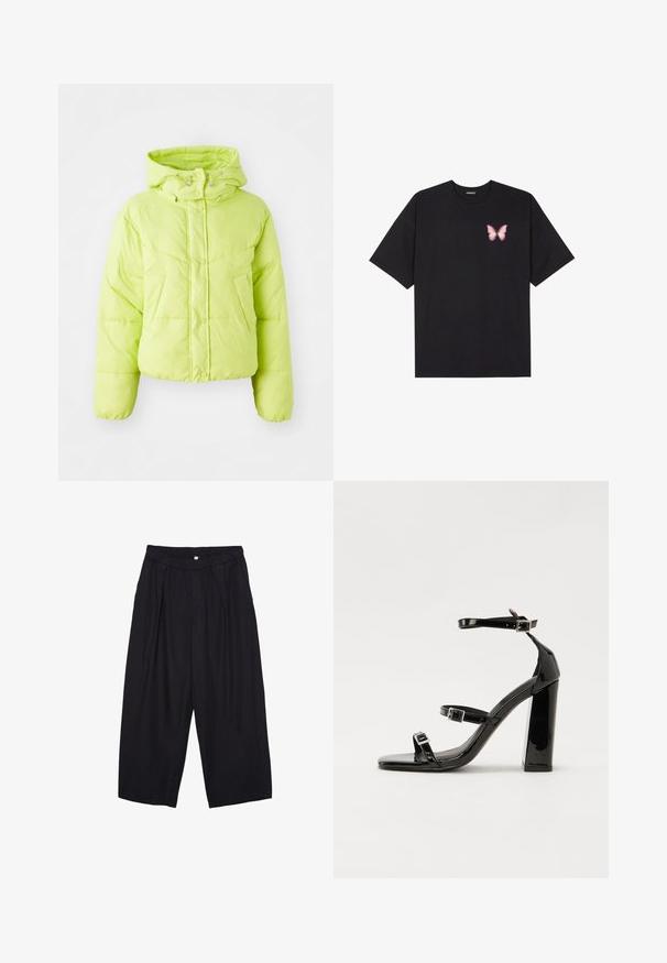 Giacca puffa verde lime con collo alto, chiusura a bottoni a pressione e motivo trapuntato. Materiale morbido e leggero; fit cropped e polsini elastici.; T-shirt nera in cotone con maniche corte, caratterizzata da una piccola grafica di una farfalla rosa sul lato sinistro del petto. Design a girocollo con una vestibilità rilassata.; Pantaloni culotte neri in poliestere con una cintura elastica, due pieghe frontali e una silhouette ampia. Nessun motivo visibile o dettagli in metallo.; Sandali con tacco in vernice nera, con punta squadrata, cinturini alla caviglia e fibbie in argento. Presentano un tacco a blocco spesso per maggiore stabilità.