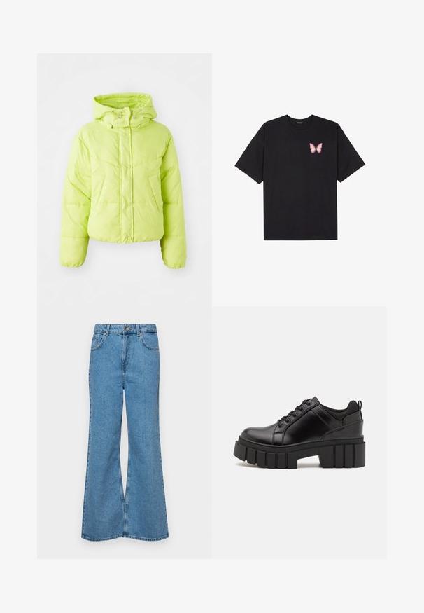 Limetková zelená prešívaná bunda s vysokým golierom, zapínaním na cvoky a prešívaným vzorom. Mäkký, ľahký materiál; skrátený strih a elastické manžety.; Čierne bavlnené tričko s krátkymi rukávmi, s malým ružovým motýlikom na ľavej hrudi. Design s okrúhlym výstrihom a uvoľneným strihom.; Svetlomodré rozšírené džínsy vyrobené z denimu, s vysokým pásom, piatimi vreckami a jednopoložkovým zapínaním na gombík. Mäkká textúra s vyblednutým povrchom.; Čierne kožené platformy s masívnym blokovým podpätkom, okrúhlou špičkou a tradičným šnurovaním. Má hladký povrch a minimálne detaily.