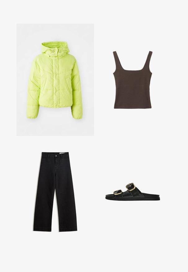 Limetková zelená prešívaná bunda s vysokým golierom, zapínaním na cvoky a prešívaným vzorom. Mäkký, ľahký materiál; skrátený strih a elastické manžety.; Hnedý bezrúškový top so štvorcovým výstrihom, vyrobený z mäkkého, elastického materiálu. Má priliehavý strih a ploché švy.; Čierne denimové nohavice s širokými nohavicami a vysokým pásom, so prednými a zadnými vreckami, šitými švami a zapínaním na gombík. Hladká textúra.; Čierne šľapky s dvoma zlatými prackami, hladký textúrovaný materiál, plochá podrážka a minimalistický dizajn.