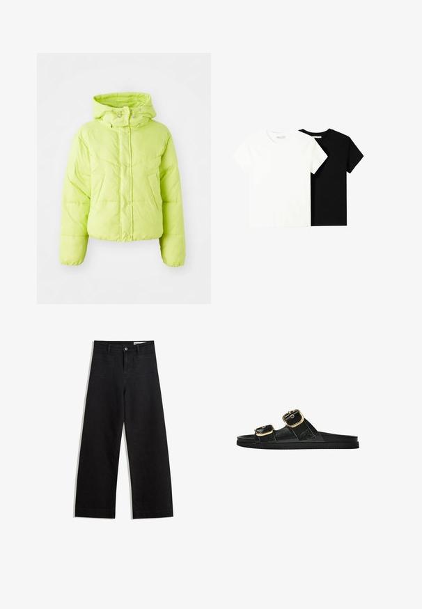 Limoengroen pufferjack met een hoge kraag, drukknoopsluiting en een gekruiste patroon. Zacht, lichtgewicht materiaal; cropped fit en elastische manchetten.; Twee t-shirts met korte mouwen, één wit en één zwart, gemaakt van katoen. Beide hebben een ronde halslijn en een eenvoudig, klassiek ontwerp.; Zwarte denim broek met wijde pijpen en een hoge taille, voorzien van voor- en achterzakken, gestikte naden en een knoopsluiting. Gladde textuur.; Zwarte slipper met twee gouden gesps, gladde textuur, platte zool en een minimalistisch ontwerp.