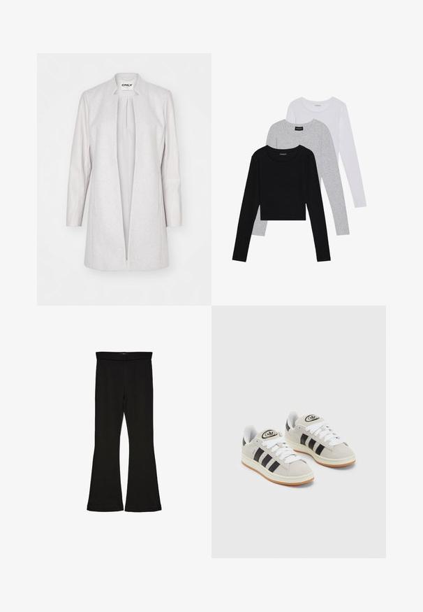 Svetlo sivi dolg plašč z volneno podobnim telesom in gladkimi usnjenimi rokavi; ima odprto sprednjo stran in minimalističen dizajn.; Tri dolga rokava zložena: črna, siva in bela. Vsaka ima okroglo izreznico in skrajšan dizajn z gladkim, lahkotnim materialom.; Črne flare leggings iz raztegljive tkanine. Imajo širok pas in gladko teksturo, s prilegajočo silhueto, ki se na robu razširi.; Sive športne čevlje iz semiša z belimi vezalkami, črnimi črtami in belim gumijastim podplatom. Imajo okroglo oznako na ježku in podplat iz gume.