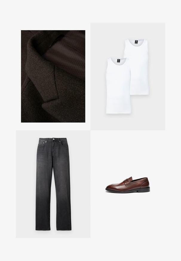 Primer plano de tela de lana marrón, con un acabado texturizado. El cuello está diseñado de forma aguda, con un forro interno suave que presenta un sutil patrón.; Dos camisetas sin mangas blancas, hechas de un material suave y ligero. Presentan un escote redondo y un diseño limpio y sencillo.; Vaqueros negros de talle alto y pierna recta con botón y cremallera en la parte delantera, dos bolsillos frontales y un ligero desgastado.; Mocasines de cuero marrón con un acabado suave, puntera redondeada, tira decorativa y suela de goma negra. Presentan un detalle de costura mínima.