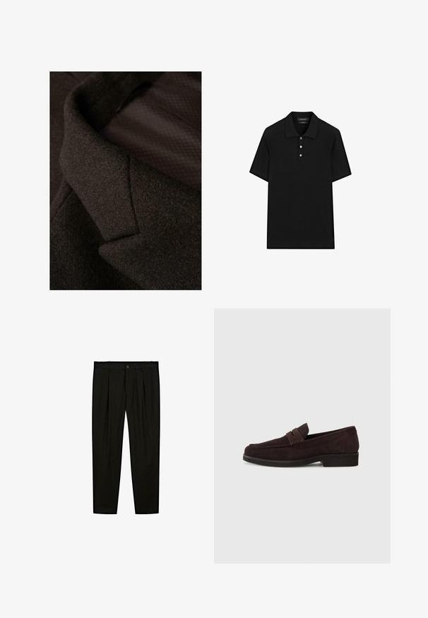 Brunt uldstof nærbillede med en tekstureret overflade. Kraven er skarpt designet med en glat inderside, der viser et subtilt mønster.; Sort polo shirt med ribbet tekstur, korte ærmer, flad krave og treknap-lukning. Enkelt og klassisk design.; Sorte skræddersyede bukser lavet af glat stof. Funktioner inkluderer flad front, brede ben og en knaplukning i taljen.; Brune ruskinds loafers med lav profil og rund tå. Har en dekorativ rem over det øverste, flad gummisål og ingen synlig syning.