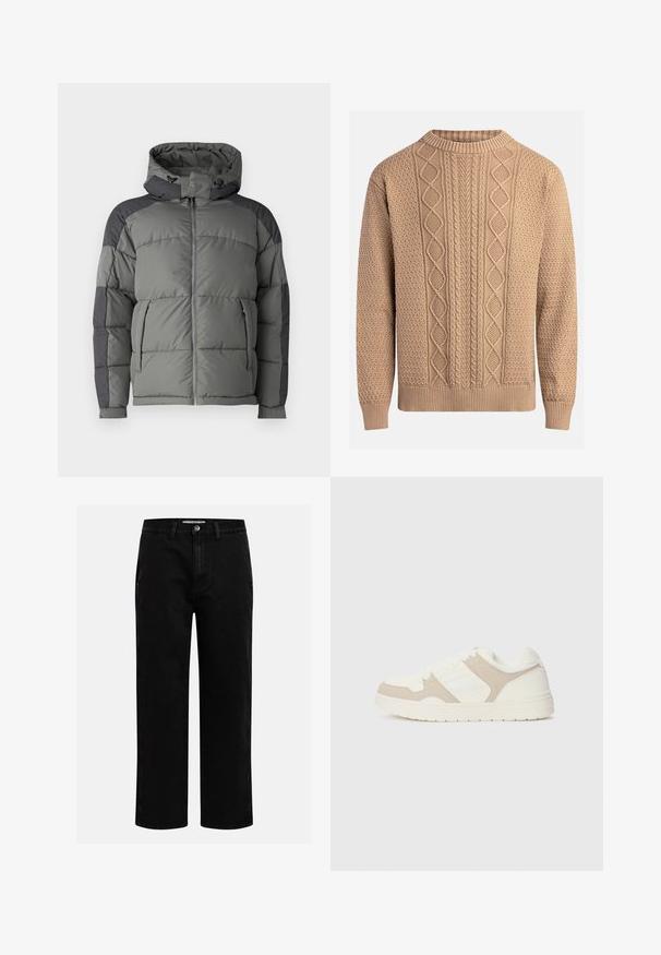 Veste matelassée grise avec capuche, présentant un design matelassé, une fermeture éclair à l'avant et des panneaux d'accent gris foncé sur les épaules et les manches.; Pull en tricot beige avec des motifs texturés. Il présente un col rond, des poignets côtelés et des designs de tricot en câble variés sur le devant.; Pantalons en denim noir avec une coupe droite, design classique à cinq poches et fermeture à bouton à la taille. Texture lisse et tissu durable.; Baskets blanches et beiges présentant une combinaison de textures lisses et en daim, un bout rond, un système de laçage et une semelle en caoutchouc plate.
