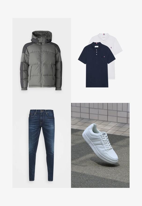 Giacca in piuma grigia con cappuccio, con design trapuntato, chiusura con zip frontale e pannelli grigio scuro sugli spallacci e sulle maniche.; Due polo shirt: uno blu navy e uno bianco, entrambi con un piccolo accento rosso, bianco e blu sulla tasca del petto e sul colletto.; Jeans in denim blu scuro con vestibilità slim, leggero sbiadito, cinque tasche e chiusura con bottone in metallo. Dettagli cuciti in un colore a contrasto.; Sneaker sportivo bianco con tomaia in pelle liscia, chiusura con lacci, punta perforata e suola decorata. Design minimalista con tre strisce laterali.