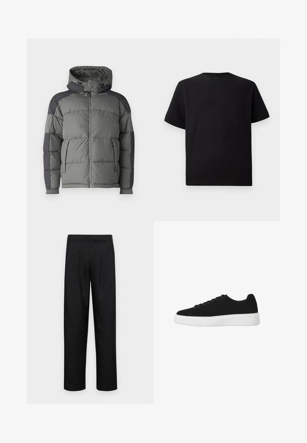 Graue Pufferjacke mit Kapuze, mit gestepptem Design, Reißverschluss vorne und dunkelgrauen Akzentpanelen an Schultern und Ärmeln.; Schwarzes Kurzarm-T-Shirt aus strukturiertem Stoff, mit einem Rundhalsausschnitt und einer lockeren Passform. Einfach, ohne Muster oder Akzente.; Schwarze Hose aus glattem Stoff, mit geradem Bein Design, zwei vorderen Falten und einem Standardbund mit Gürtelschlaufen.; Schwarze Wildledersneaker mit runder Zehenpartie, schnürbarem Vorderteil und weißer Gummisohle. Einfaches Design mit minimalen Akzenten und glatter Textur.