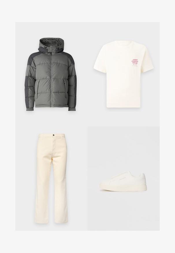 Gray puffer jacket with a hood, featuring a quilted design, zipper front, and dark gray accent panels on shoulders and sleeves.; White short-sleeve T-shirt with red text "Studio Originals Edition" on left chest, displayed on a neutral gray background.; Cream-colored cotton jeans with a straight leg design, featuring a front button closure and standard five-pocket styling.; White slip-on sneakers with a textured surface, a thick sole, and minimalistic design. Features brand logo on the side.