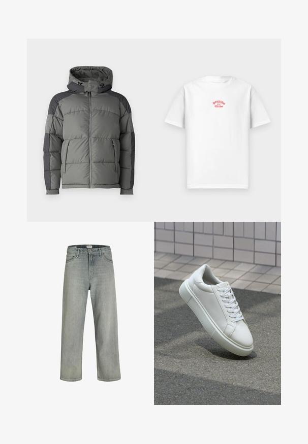 Šedá péřová bunda s kapucí, s prošívaným designem, zipovým předním zapínáním a tmavě šedými akcentními panely na ramenou a rukávech.; Bílá bavlněná tričko s červeným potiskem, na kterém je nápis "Perdido en el paraíso" přes hrudník, krátké rukávy, volný střih.; Svetle šedé, volné džíny z denimu. Mají klasický design se pěti kapsami, poutky na opasek a rovný siluetu nohavic.; Bílé kožené tenisky s hladkým povrchem, kulatou špičkou a plochými bílými tkaničkami. Disponují texturovanou gumovou podrážkou a minimálními designovými prvky.