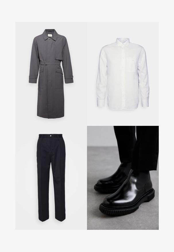 Holzweiler CROWLEY COAT - Trenci - grey; Cămașă albă cu mânecă lungă, confecționată din bumbac, având un guler cu nasturi, un buzunar în față și o croială normală. Material texturat cu o suprafață netedă.; Pantaloni negri croiți, cu un design drept, realizați dintr-un material neted, având închidere cu nasture în față și două buzunare laterale.; Bocanci chelsea din piele neagră cu un finisaj neted, panouri elastice pe laterale și o talpă din cauciuc texturat, groasă, cu un model de banda de rulare robust.