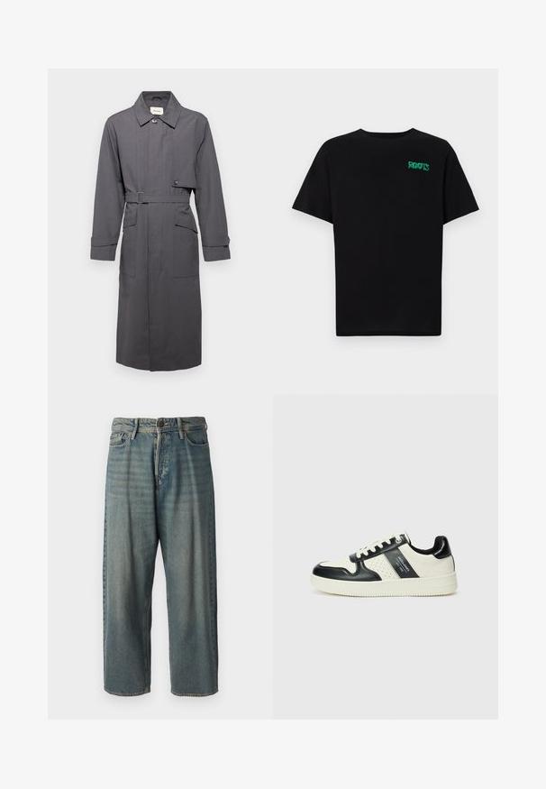 Holzweiler CROWLEY COAT - Šineļveida mētelis - grey; Melna kokvilnas t-kreka ar īsām piedurknēm. Uz priekšu ir zaļa "ROOTS" logo, apaļa kakla izgriezums un standarta piegriezums.; Gaiši zili džinsi ar brīvu piegriezumu, vidējo jostas augstumu un taisnām kājām. Satur piecas kabatas, jostas cilpas un pogu aizdari.; Ādas sporta apavi ar melnbaltu krāsu shēmu, ar perforētiem akcentiem, mīkstinātu apkakli un teksturētu zoli.