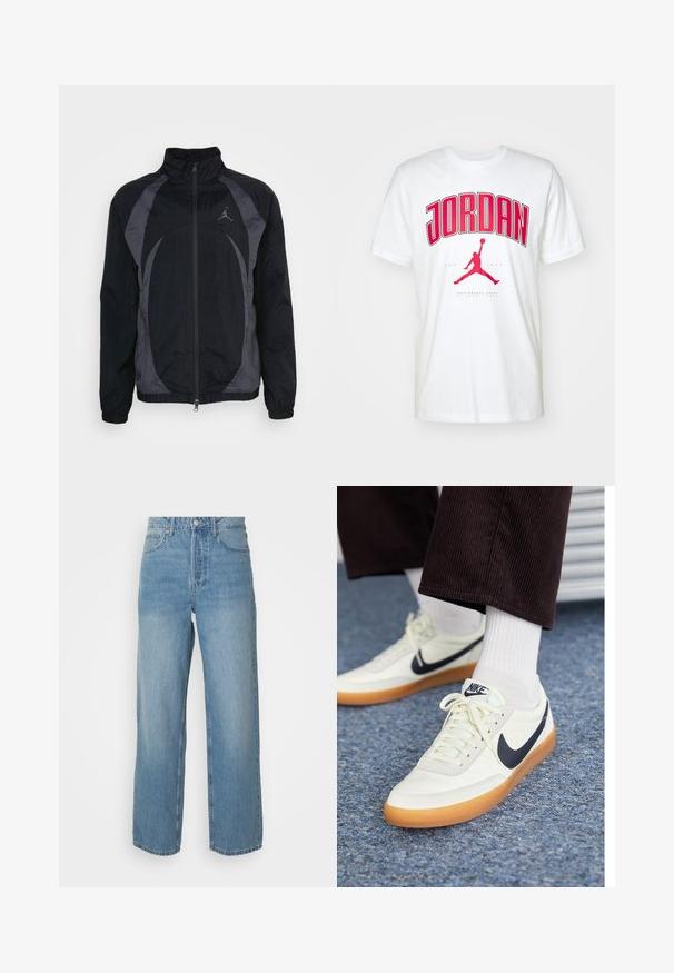 Musta ja tummanharmaa vetoketjullinen takki, jossa on korkea kaulus, sileä pinta, kaareva paneelimuotoilu ja pieni logo vasemmassa rinnassa.; Valkoinen puuvillainen t-paita, jossa on rohkea punainen "JORDAN" -teksti ja punainen Jumpman-logo. Lyhyet hihat ja klassinen pyöreä kaula-aukko.; Only & Sons ONSFADE LOOSE BOX - Loose fit -farkut - light blue denim; Nike-tennarit valkoisesta nahasta, sinisellä swoosh-logolla, varustettuna kumipohjalla ja valkoisilla nauhoilla, yhdistettynä valkoisiin pituusvartisiin sukkiin ja tummiin cord pantseihin.