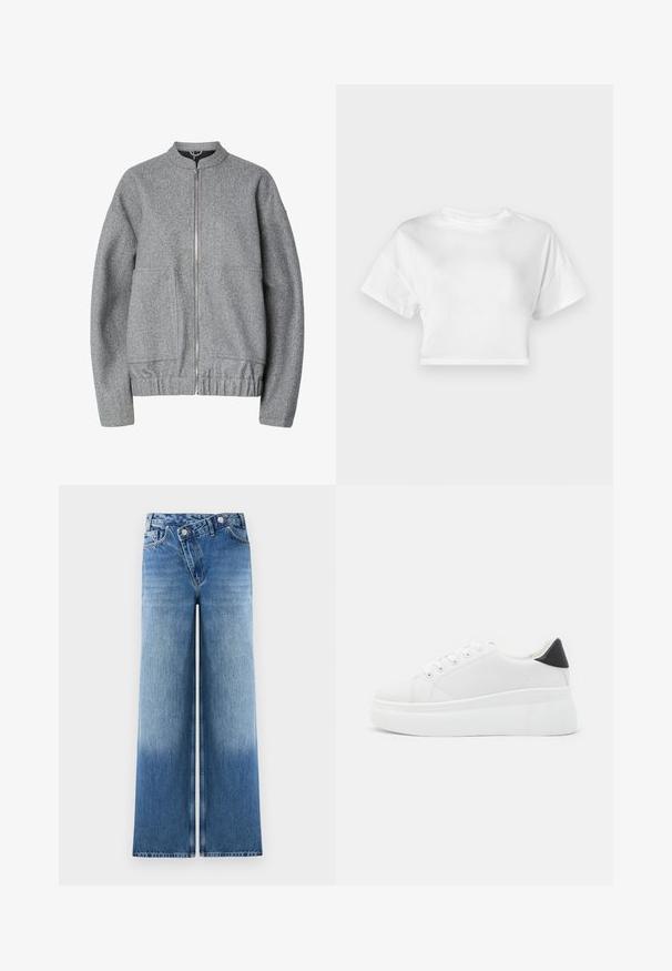 Harmaa pommituslentäjän takki, joka on valmistettu teksturoidusta kankaasta. Siinä on vetoketju edessä, kaksi sivutaskua ja kerätty helma. Yksinkertainen, koristelematon malli.; Valkoinen lyhytnuttuinen t-paita, joka on valmistettu puuvillasta. Lyhyet hihat, pyöreä pääntie, sileä pinta, rento muotoilu ilman kuvioita tai koristeluja.; Vaaleansiniset leveälahkeiset farkut, joissa on haalistunut pesu, klassinen viisi-taskuinen muotoilu ja metallinappikoristelu vyötäröllä.; Valkoiset alustasneakerit, jotka on valmistettu sileästä synteettisestä materiaalista. Niissä on pyöreä kärki, nauhakiinnitys ja teksturoitu kumipohja. Musta kantakorko korostaa ilmettä.