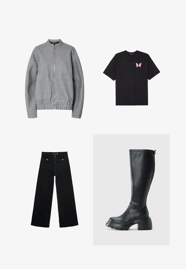 Harmaa pommituslentäjän takki, joka on valmistettu teksturoidusta kankaasta. Siinä on vetoketju edessä, kaksi sivutaskua ja kerätty helma. Yksinkertainen, koristelematon malli.; Musta puuvillapaita lyhyillä hihoilla, jossa on pieni vaaleanpunainen perhosgrafiikka vasemmassa rinnassa. Pyöreä kaula-aukko ja rento istuvuus.; Mustat leveälahkeiset farkut korkean vyötärön kanssa, joissa on kaksi etutaskua ja metalliset nappikoristeet. Kangas on sileä.; Korkeat mustat nahkakengät, joissa on paksu pohja ja lohkare korko, varustettuna vetonauhalla ja tekstuurilla ulkopohjassa.