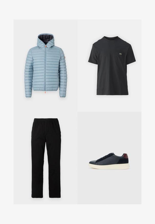 Save the duck DONALD - Übergangsjacke - atitlan grey; Schwarz Baumwoll-T-Shirt mit kurzen Ärmeln, rundem Ausschnitt und einem kleinen grünen Logo auf der linken Brusttasche. Einfaches Design, reguläre Passform.; Schwarze Hosen aus einem Baumwollmischgewebe, mit geradem Schnitt, elastischem Bund mit Knopf und ohne sichtbare Muster oder Akzente.; Schwarze Leder- und Wildledersneaker für Herren mit einem ziegelroten Fersenpatch und weißer Gummisohle, von der Außenseite betrachtet.