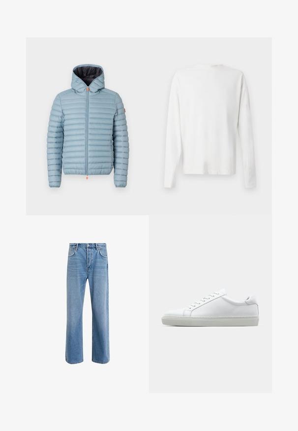 Save the duck DONALD - Jas - atitlan grey; Witte katoenen blouse met lange mouwen en een ronde halslijn, met zijsplitten aan de onderkant en een gladde textuur, vanuit de achterkant weergegeven.; Lichtblauwe denim jeans met een straight-leg ontwerp, vijf zakken, knoopsluiting, minimale vervaging en contrasterende stikseldetails.; Witte sneaker met een gladlederen bovenwerk en een laag profiel. Voorzien van een ronde neus, zes vetergaatjes en een gestructureerde rubberen zool.
